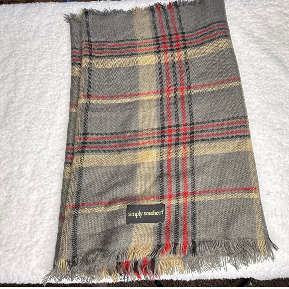 Simply Southern Accessories - Simply Southern Plaid Blanket Scarf Grey Red Tan Fringe Oversized Wrap One Size